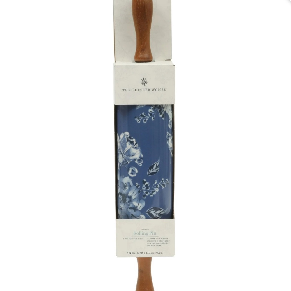 Pioneer Woman Delilah Floral Rolling Pin Olivewood Handles blue and white